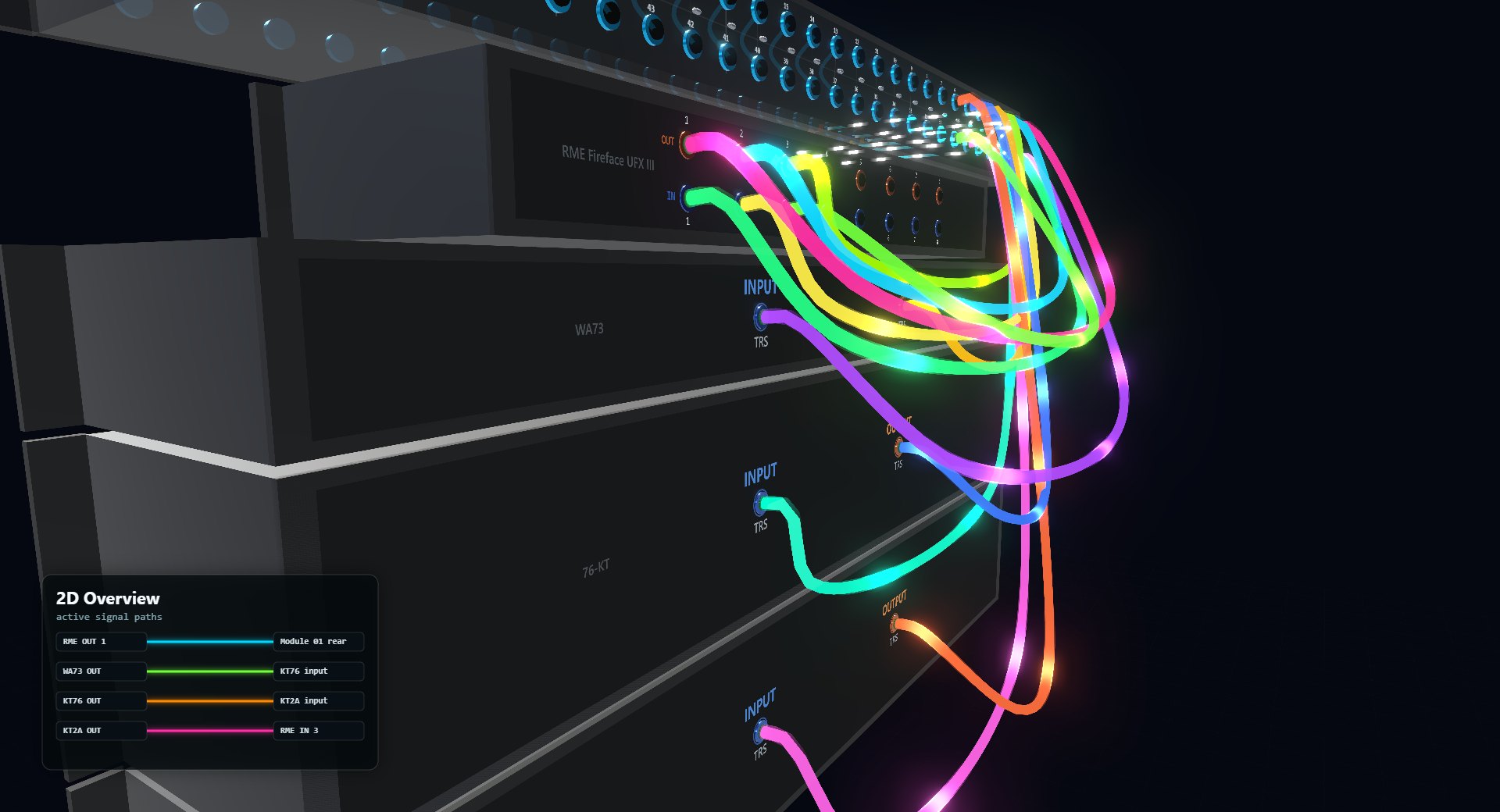 BayPatcher's 3D rack viewed from the rear — patch cables auto-routed into clean draped bundles with glowing signal flow