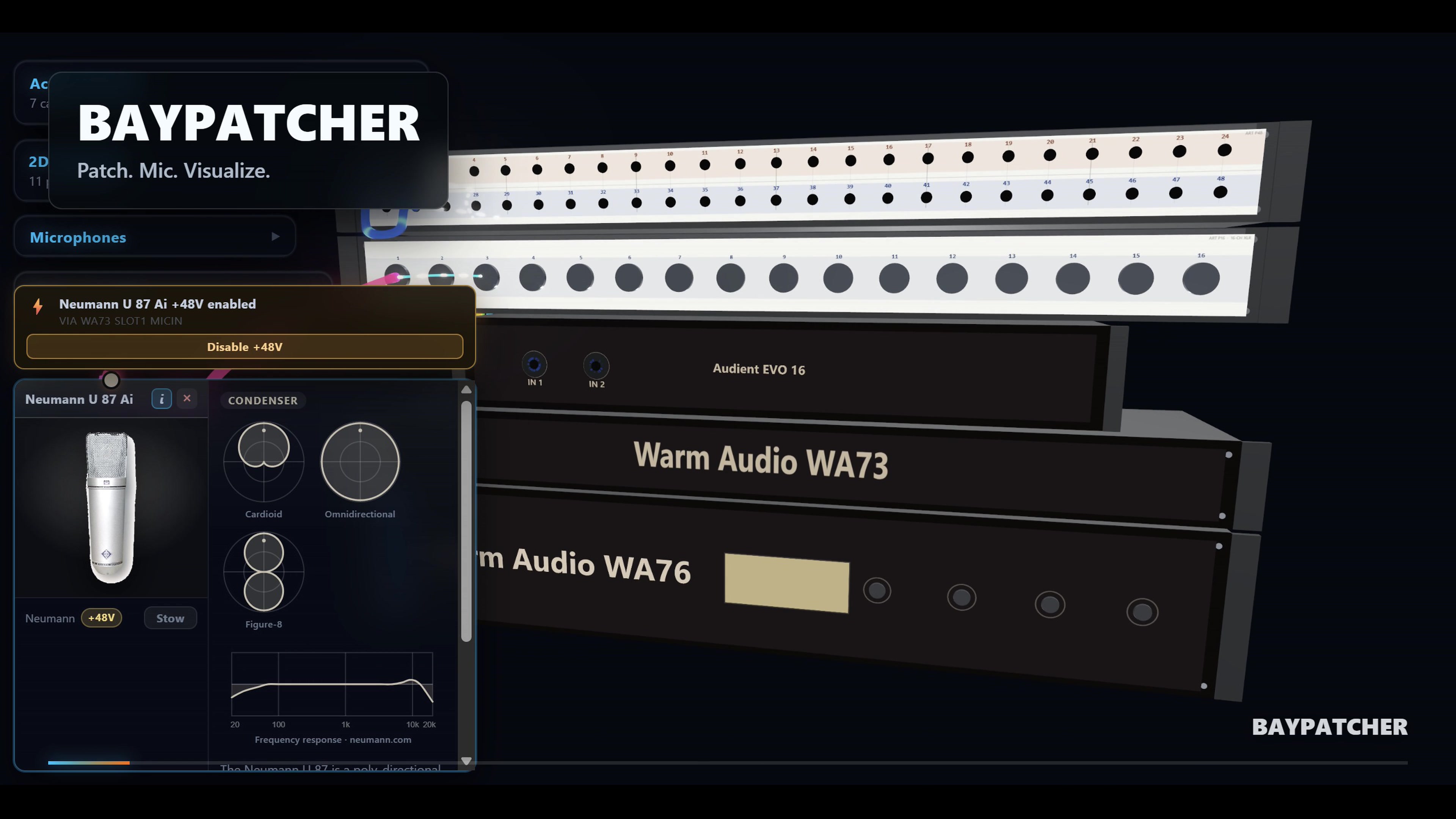 BayPatcher's real rack with patch cables, microphone card, signal flow, and synchronized 2D patch workspace